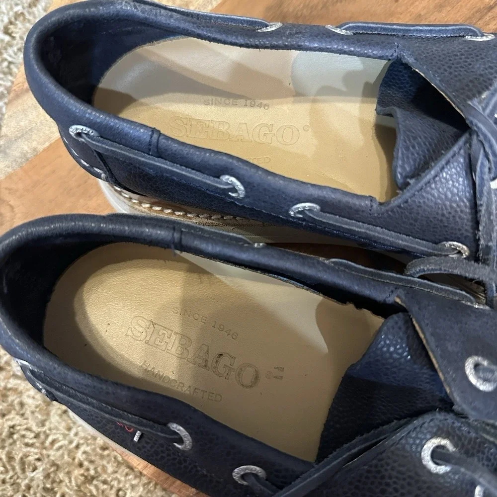 Sebago Smyth Two Eye Navy Leather Boat Shoes Mens 7.5M Pebbled Loafer Nautical